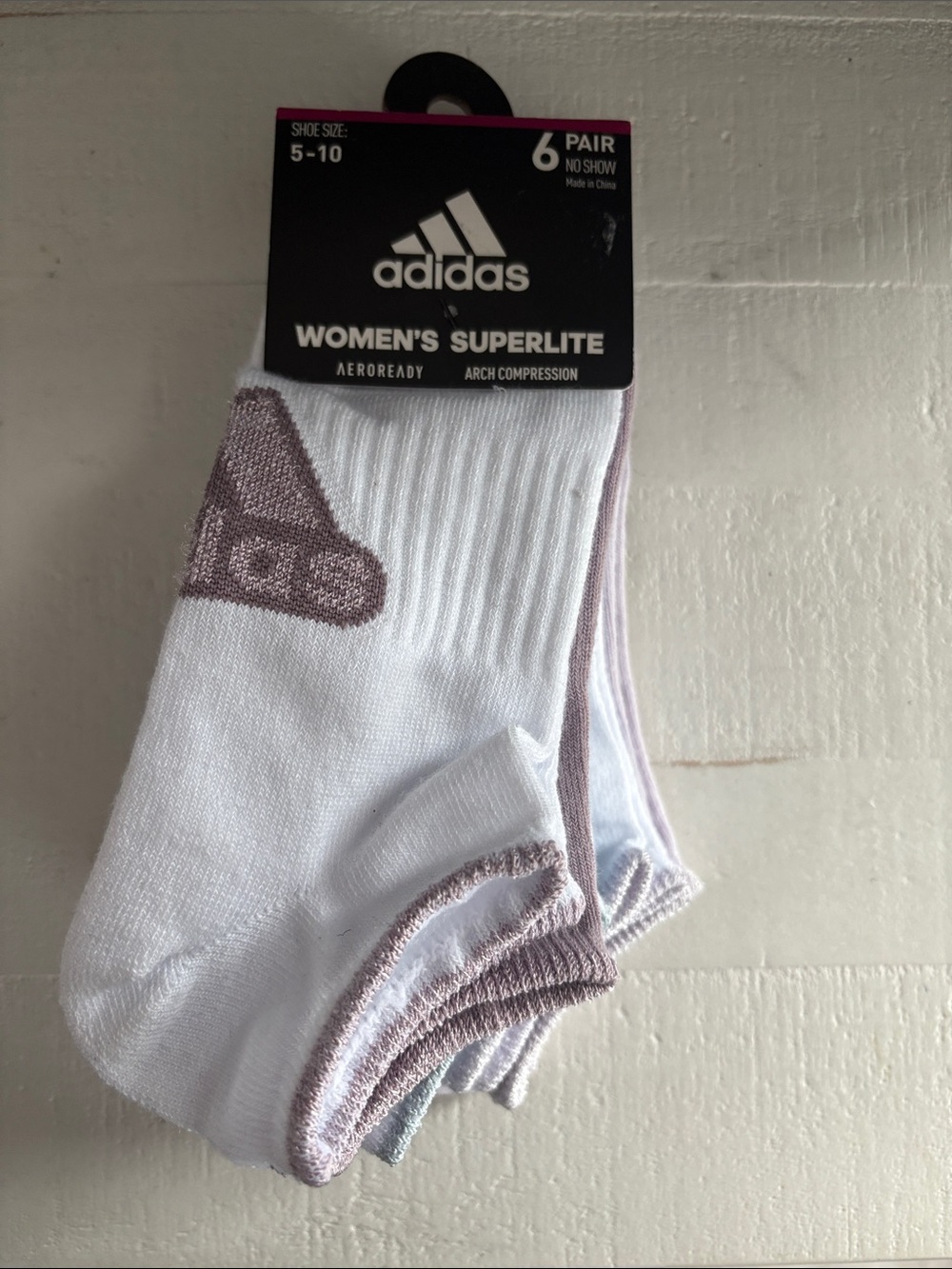 adidas Women's Superlite No-Show Socks in White with Light Purple Trim